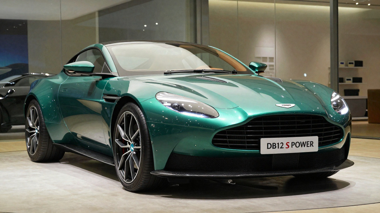 Carro esportivo verde Aston Martin DB12 S Power exibido em ambiente interno moderno.