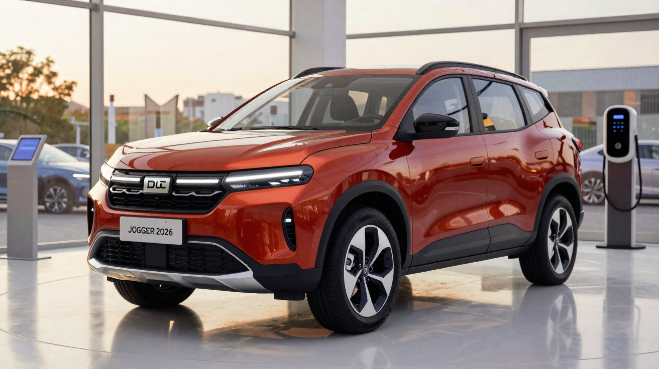 SUV vermelho modelo Jogger 2026 exibido em showroom moderno com carregador elétrico ao fundo.