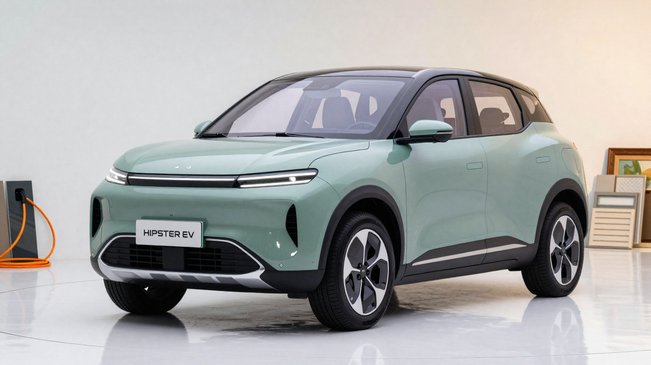 Carro elétrico verde claro Hipster EV parado em ambiente interno com carregador na parede ao fundo.