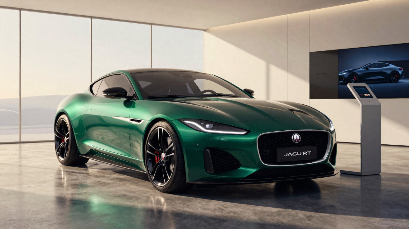 Carro esportivo verde Jaguar estacionado em ambiente moderno com paredes de vidro e piso refletivo.
