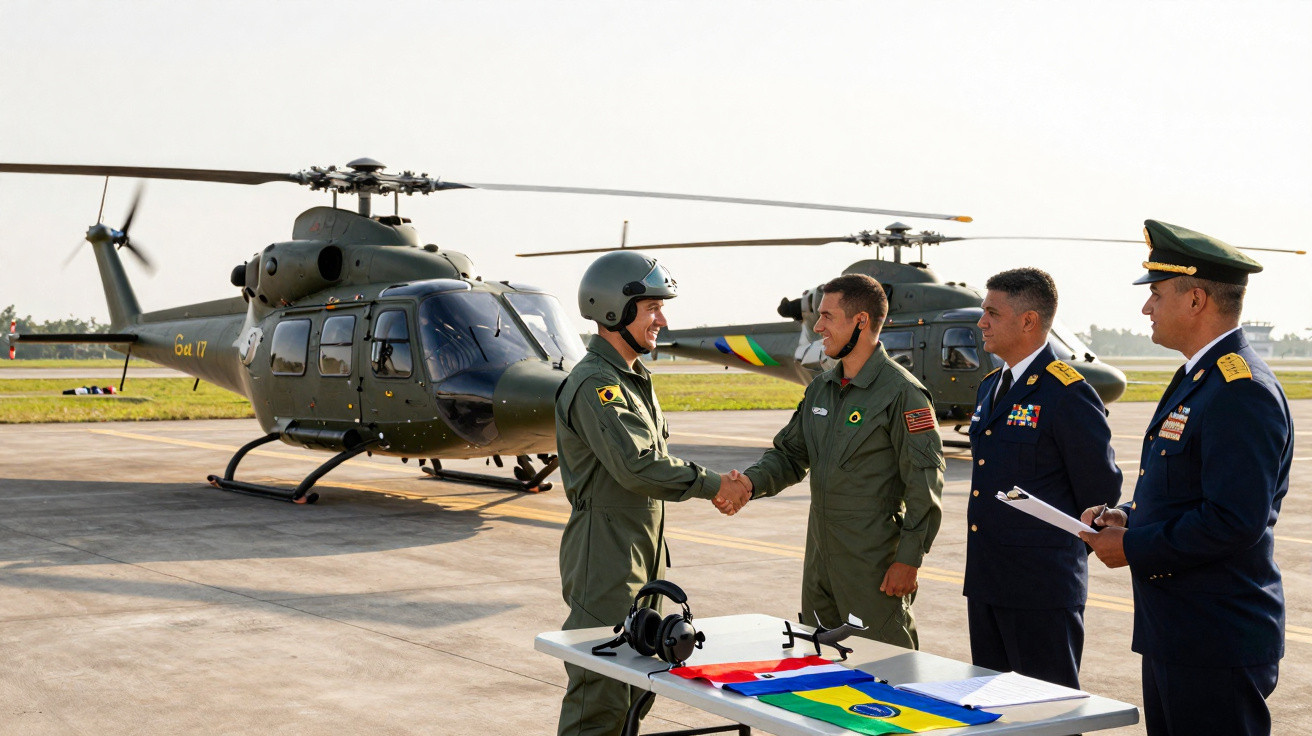 Militares brasileiros com uniformes em cerimônia ao ar livre, com helicópteros ao fundo em pista de pouso.