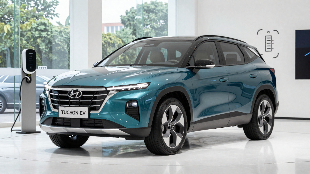 Carro SUV elétrico Hyundai Tucson EV azul em exibição, conectado a estação de recarga interna.