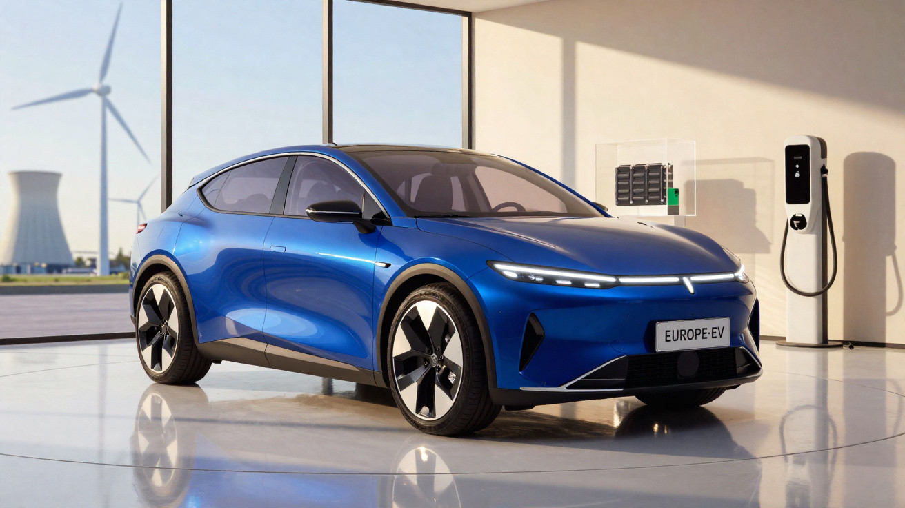 Carro elétrico azul futurista estacionado em ambiente interno com estação de carregamento ao lado e turbinas eólicas ao fundo