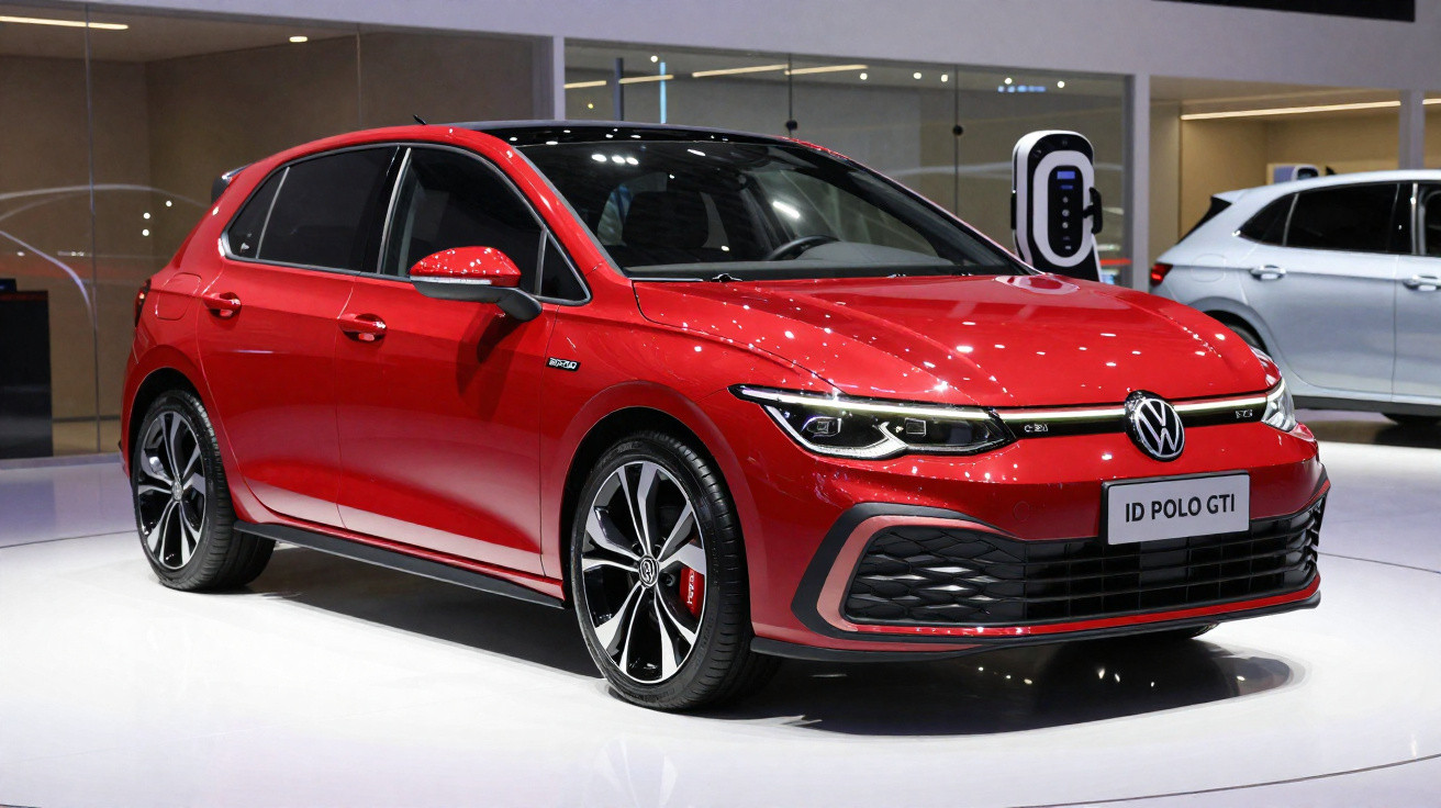 Carro vermelho Volkswagen ID Polo GTI exposto em salão, com detalhes modernos e rodas esportivas.
