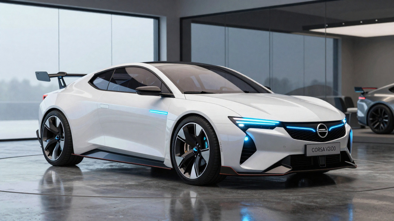 Carro esportivo elétrico branco com luzes azuis e design futurista em ambiente interno moderno.