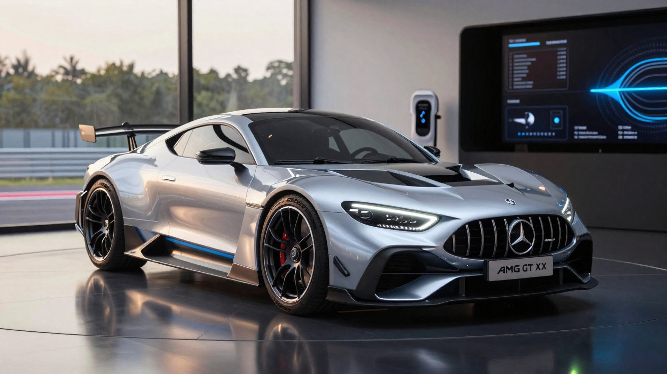 Carro esportivo Mercedes AMG GT XX prata em exposição interna com carregador elétrico na parede ao fundo.