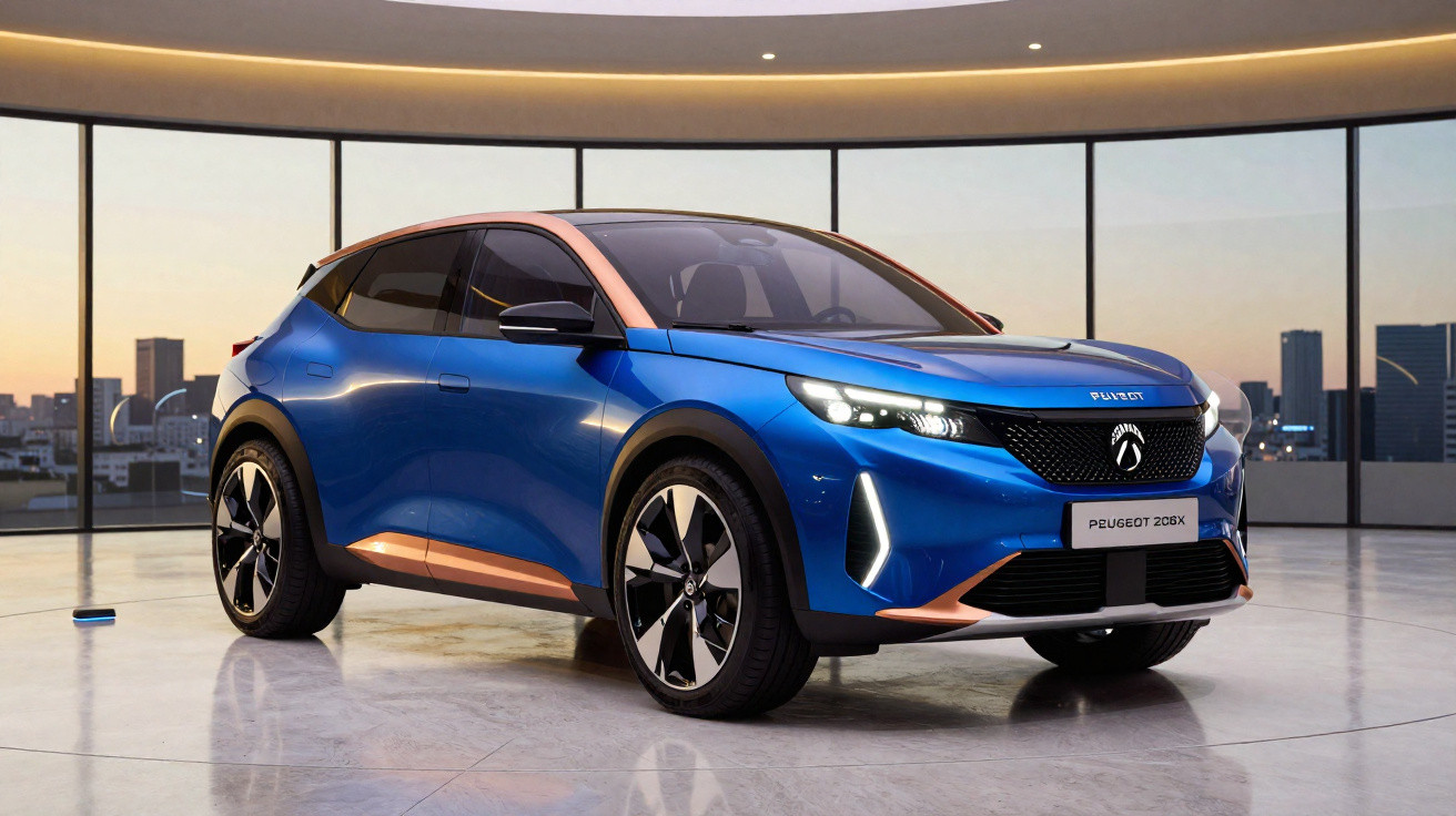 Carro SUV elétrico azul com detalhes em cobre em ambiente interno moderno com vista para cidade ao pôr do sol.