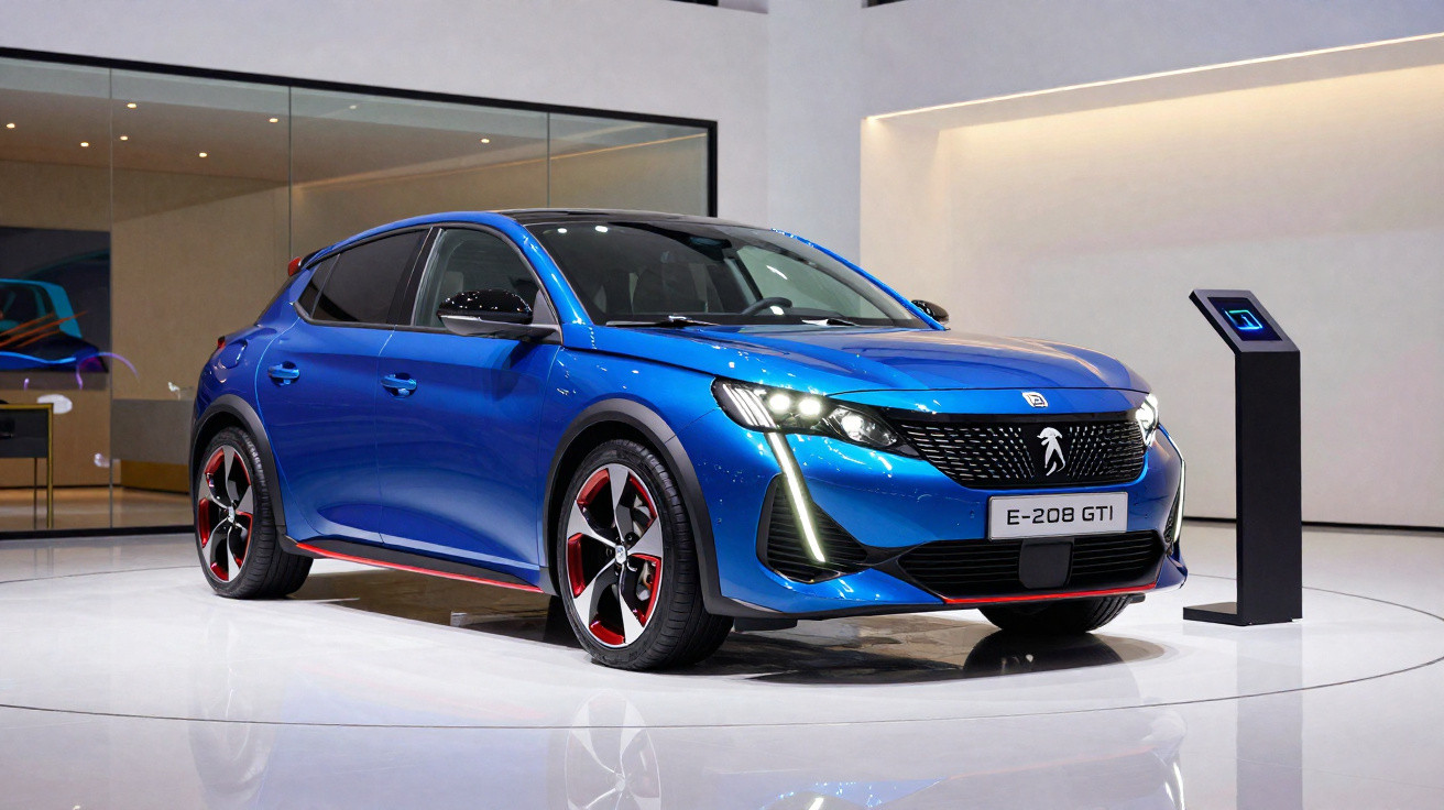 Carro esportivo Peugeot E-208 GTi azul exibido em ambiente moderno e iluminado.