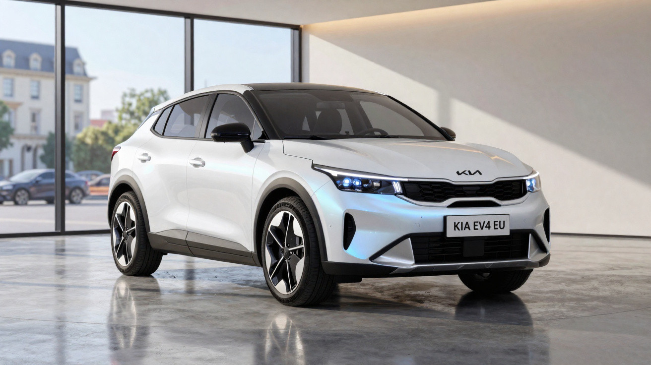 Carro elétrico branco Kia EV4 EU estacionado em ambiente interno moderno com luz natural.
