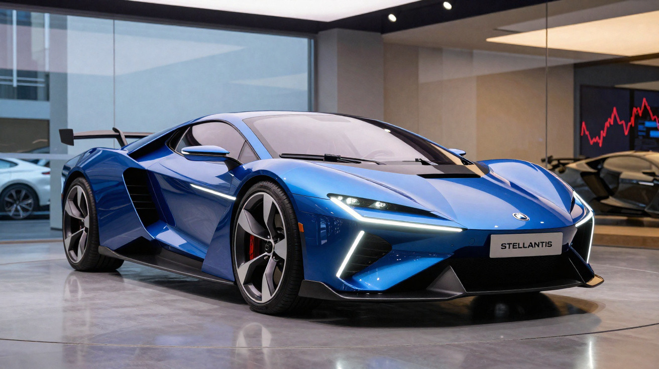 Carro esportivo azul metálico da Stellantis exposto em showroom moderno com iluminação interna.