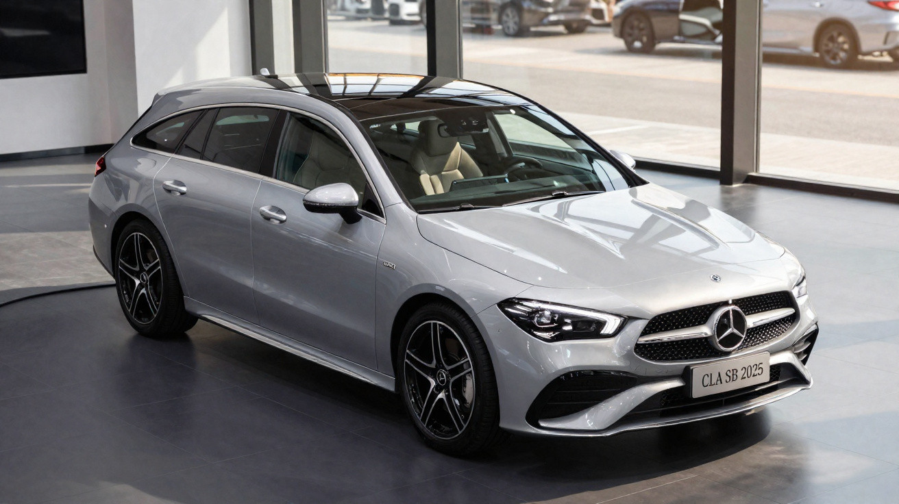 Carro prata Mercedes-Benz CLA SB 2025 estacionado em showroom iluminado por luz natural.