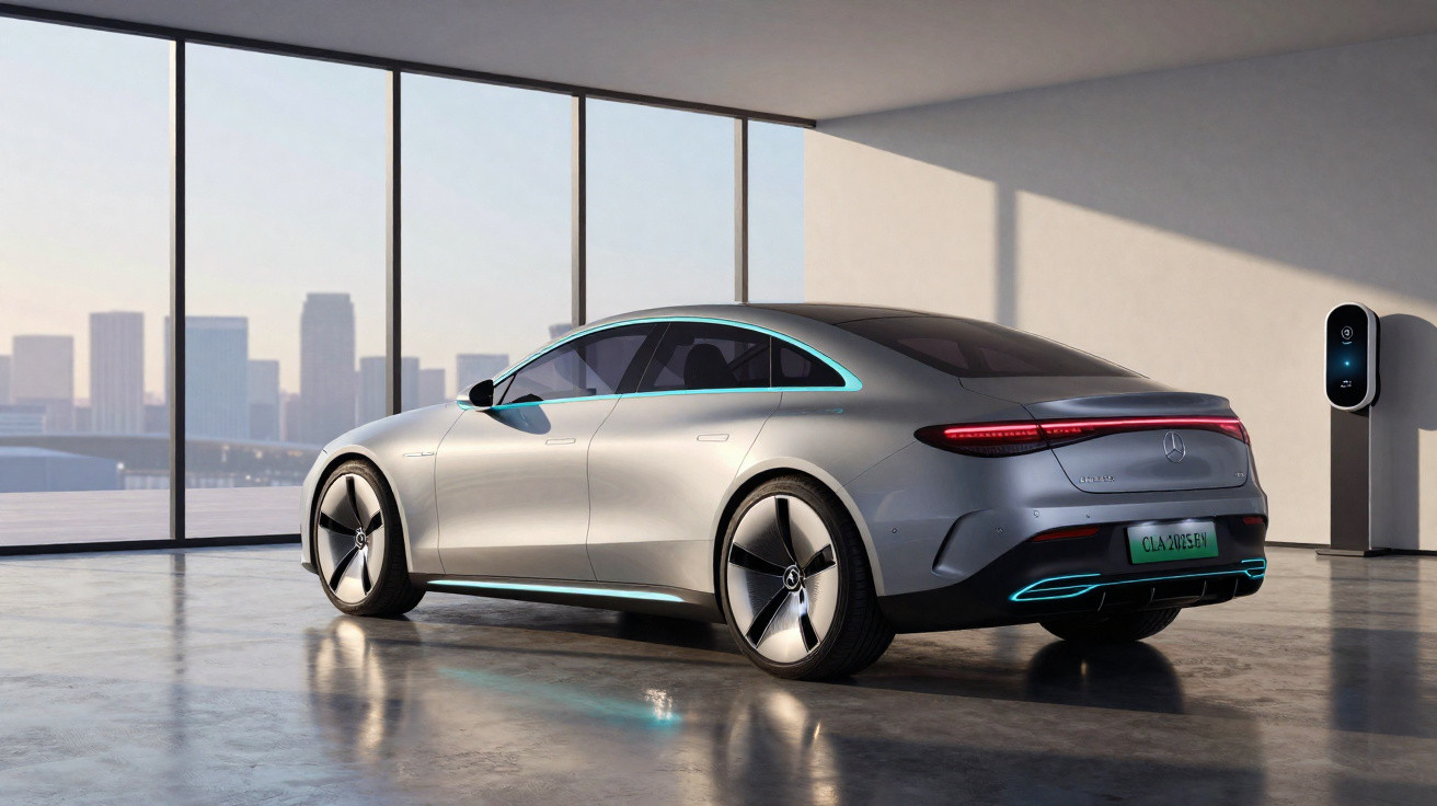 Carro sedan elétrico prata estacionado em garagem moderna com grandes janelas e estação de carregamento.