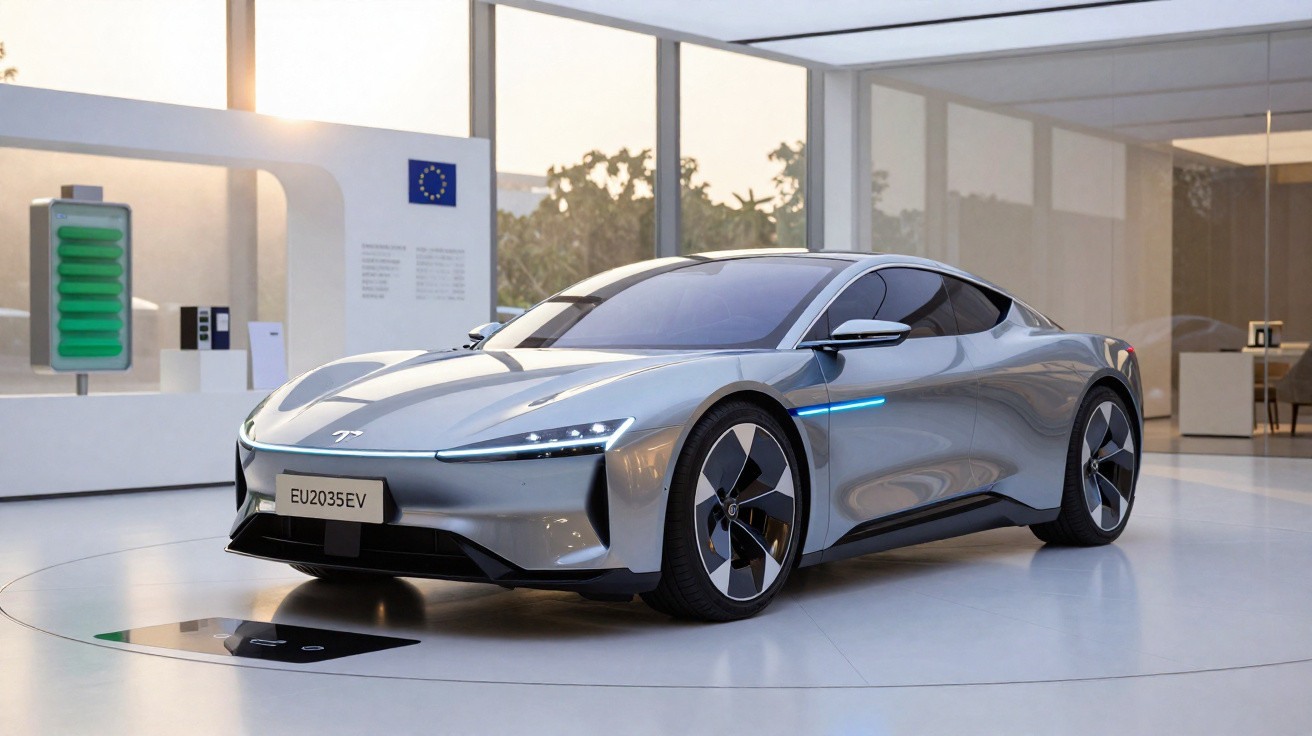 Carro esportivo elétrico prateado em showroom moderno com luz natural e detalhes futuristas.