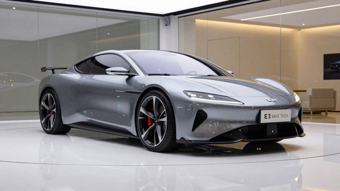 Carro esportivo cinza prata elétrico Exeed E3 Safe Tech em exposição em ambiente moderno e iluminado.