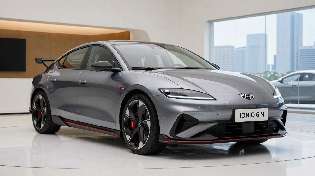 Carro esportivo cinza Hyundai Ioniq 6 N em exposição com design moderno e detalhes em vermelho.
