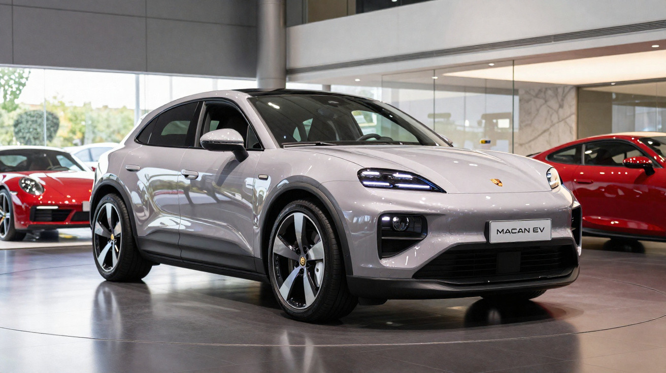 Carro elétrico Porsche Macan EV prata exibido em showroom moderno com outros carros ao fundo.