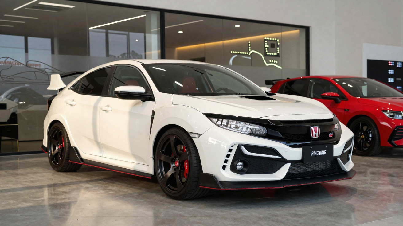 Carro esportivo branco Honda Civic Type R estacionado em showroom com outro carro vermelho ao fundo.