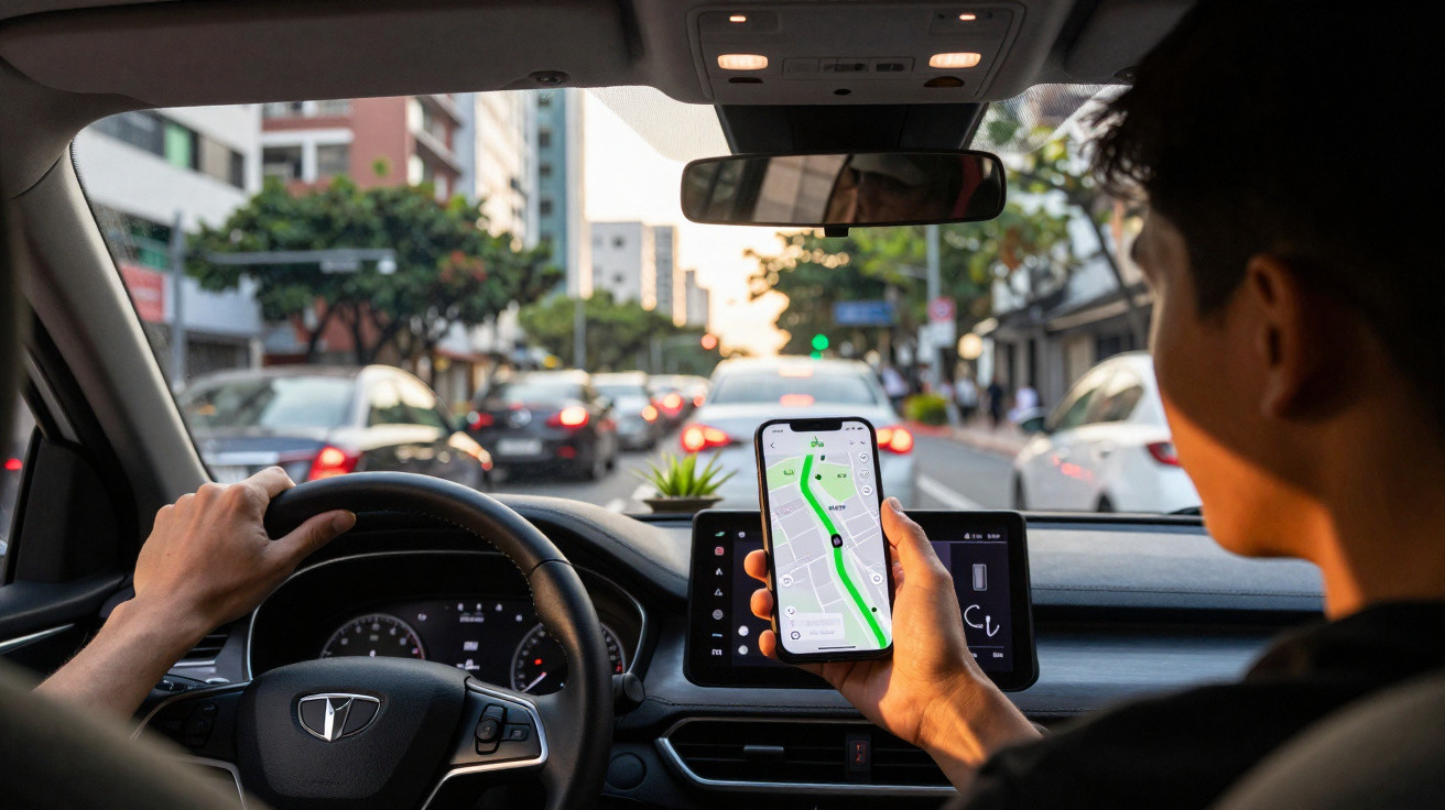 Pessoa dirigindo carro em trânsito urbano olhando para mapa de navegação no celular.