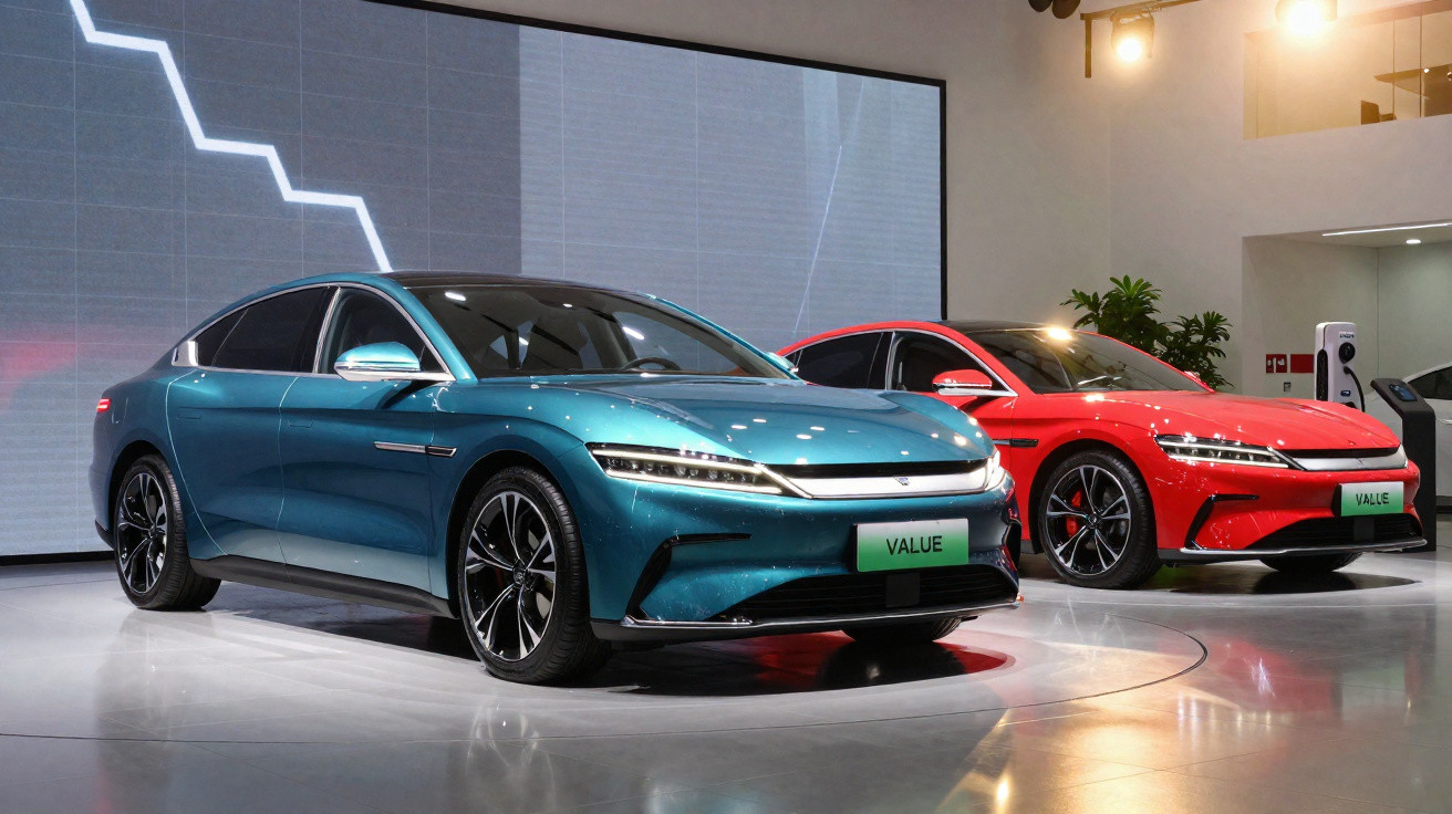 Dois carros elétricos modernos, um azul e outro vermelho, exibidos em uma exposição com luzes e painel digital ao fundo.