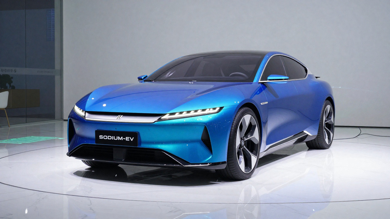 Carro elétrico esportivo azul com design futurista exibido em ambiente interno branco.
