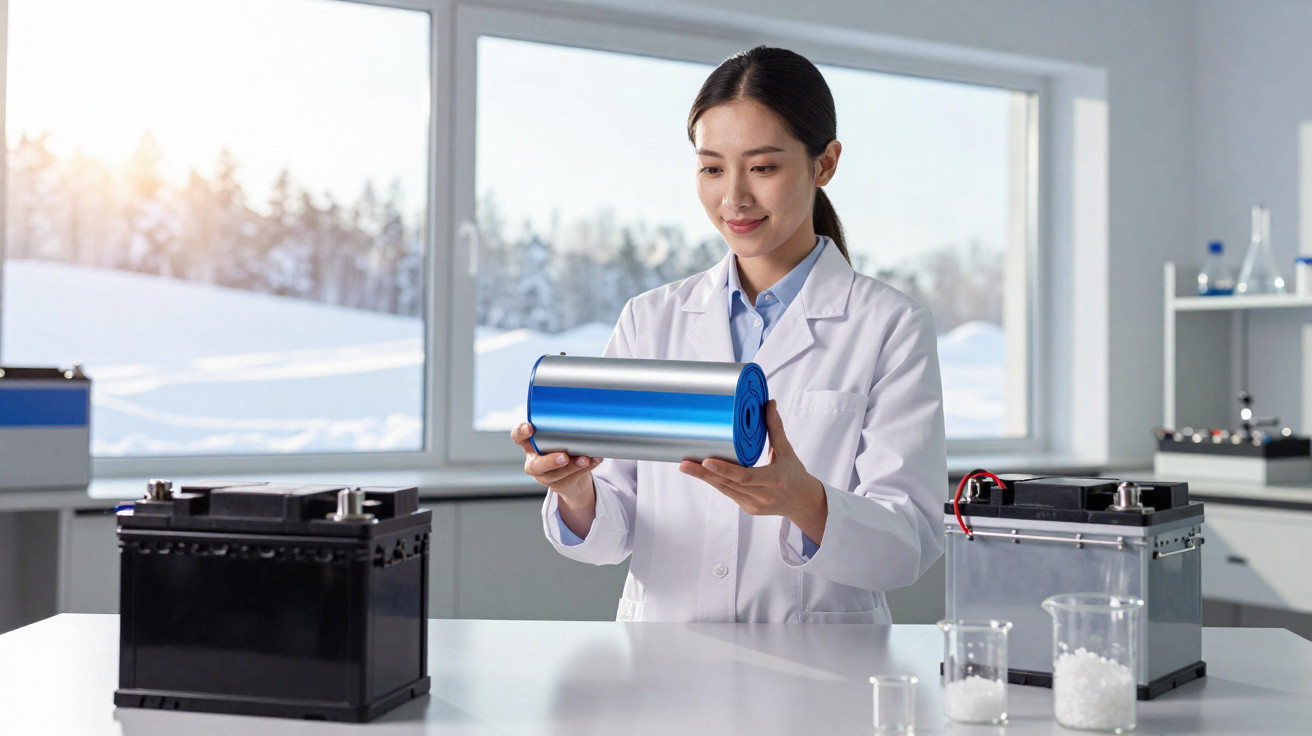 Pesquisadora em laboratório analisando célula de bateria cilíndrica azul com baterias automotivas na mesa.