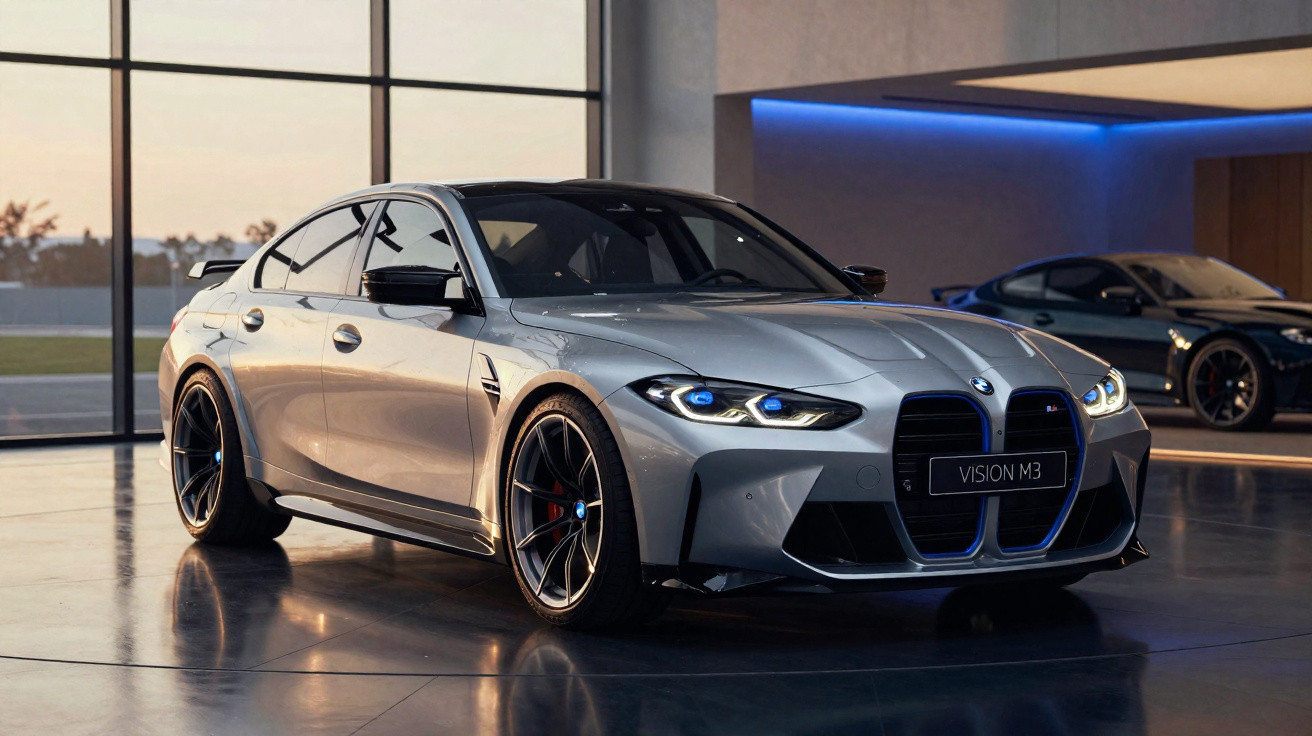 Carro prata BMW Vision M3 em exposição interna com luzes azuis e rodas esportivas pretas.