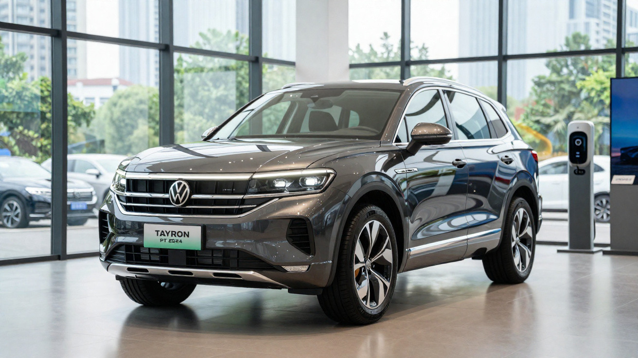 Volkswagen Tayron cinza estacionado em showroom com grandes janelas e piso brilhante.
