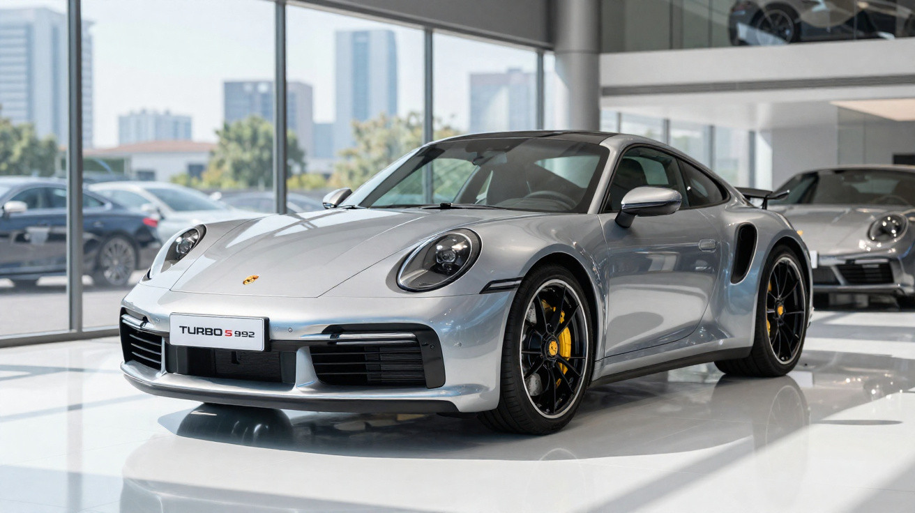 Carro esportivo prata Porsche Turbo S 992 exibido em showroom moderno com janelas e outro carro ao fundo.