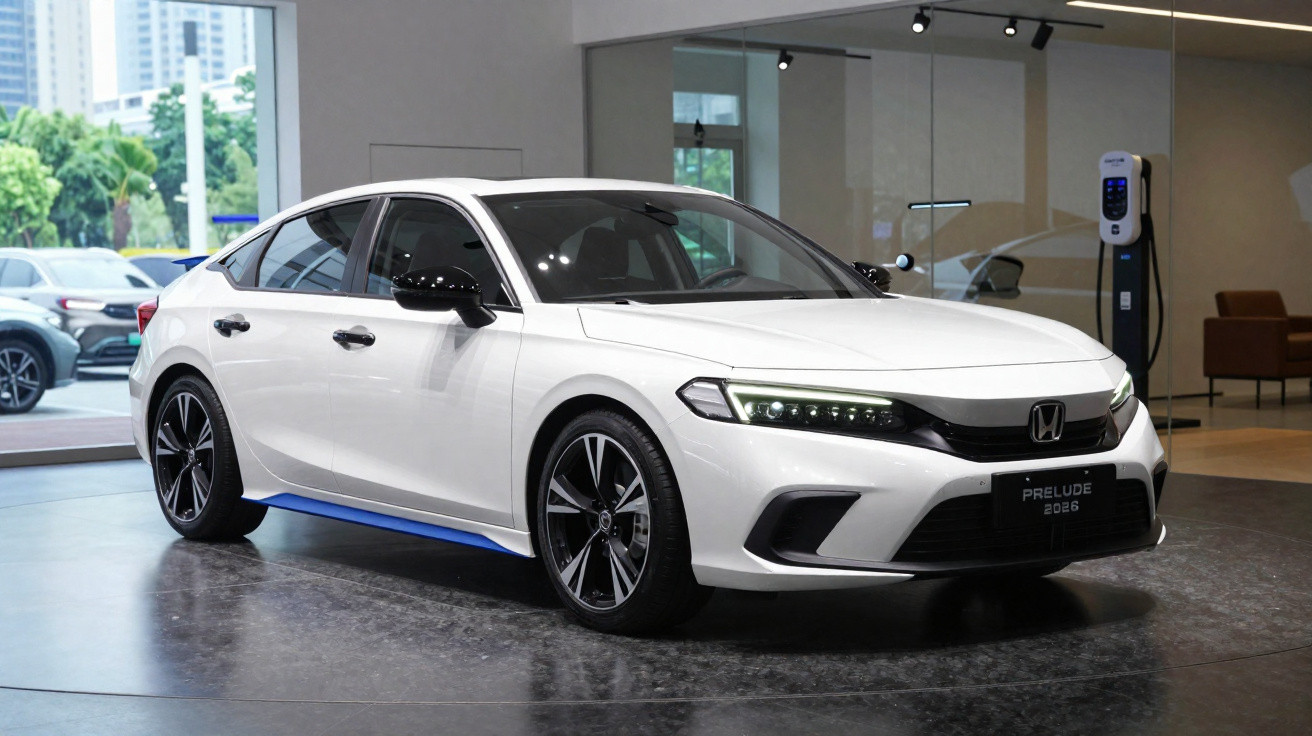 Carro branco Honda Prelude 2026 exibido em showroom moderno com paredes de vidro e estação de carregamento elétrica.