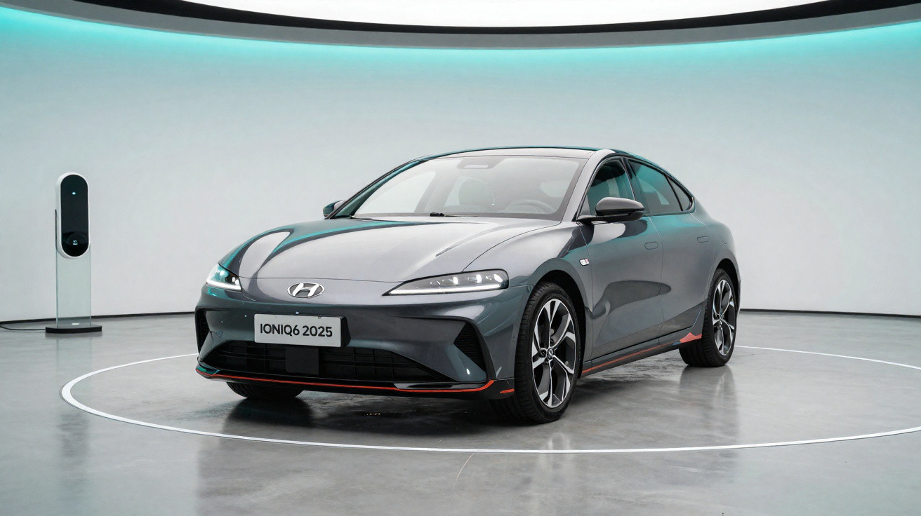 Carro elétrico Hyundai Ioniq 6 2025 cinza estacionado em ambiente interno com estação de recarga ao fundo.