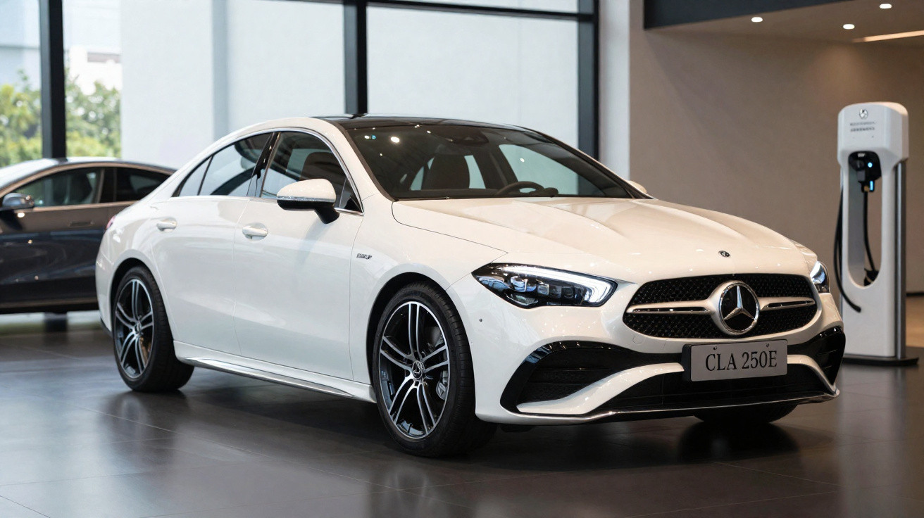 Carro branco Mercedes-Benz CLA 250E em showroom moderno com pontos de luz e carregador elétrico ao fundo.