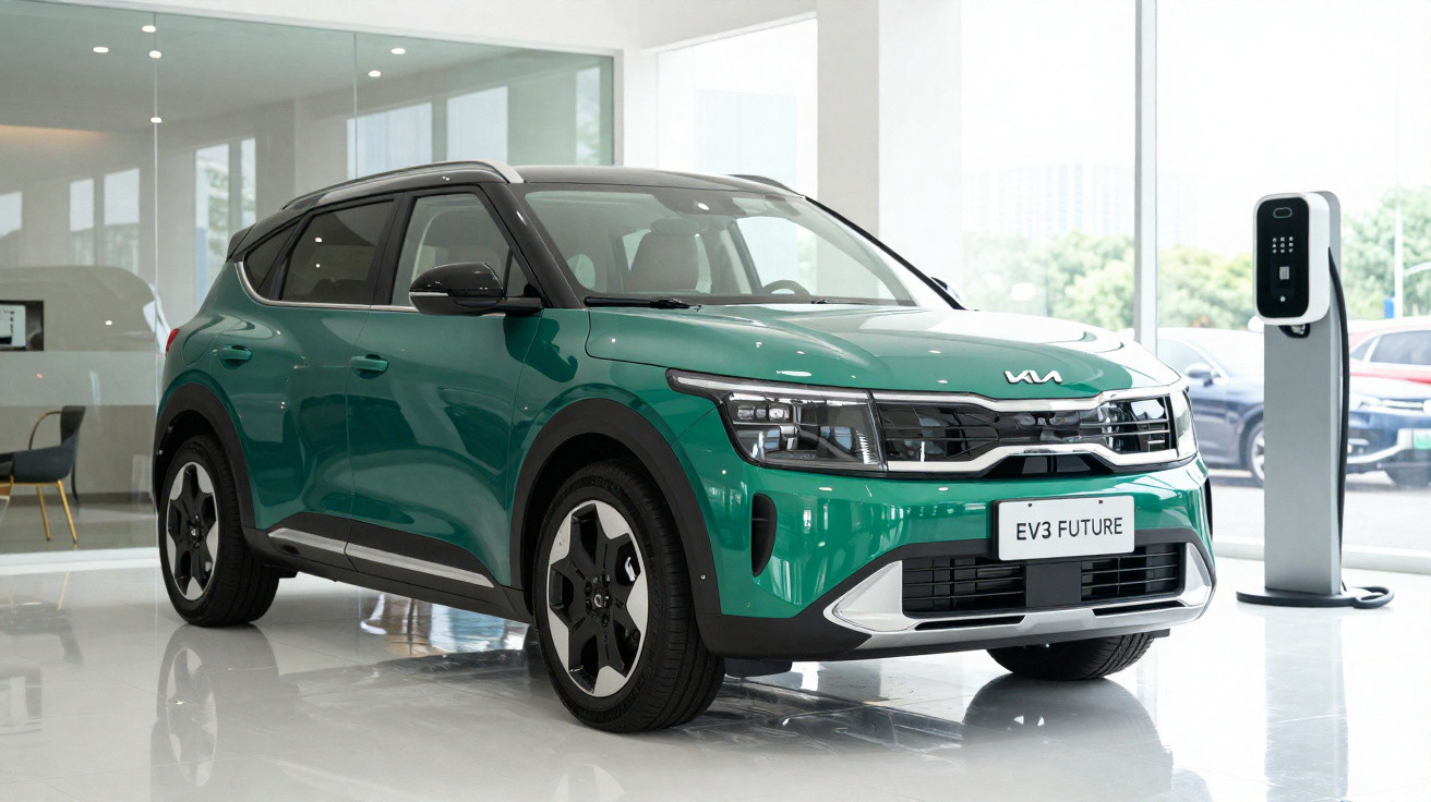 Carro elétrico verde Kia EV3 Future estacionado em ambiente interno ao lado de estação de carregamento.
