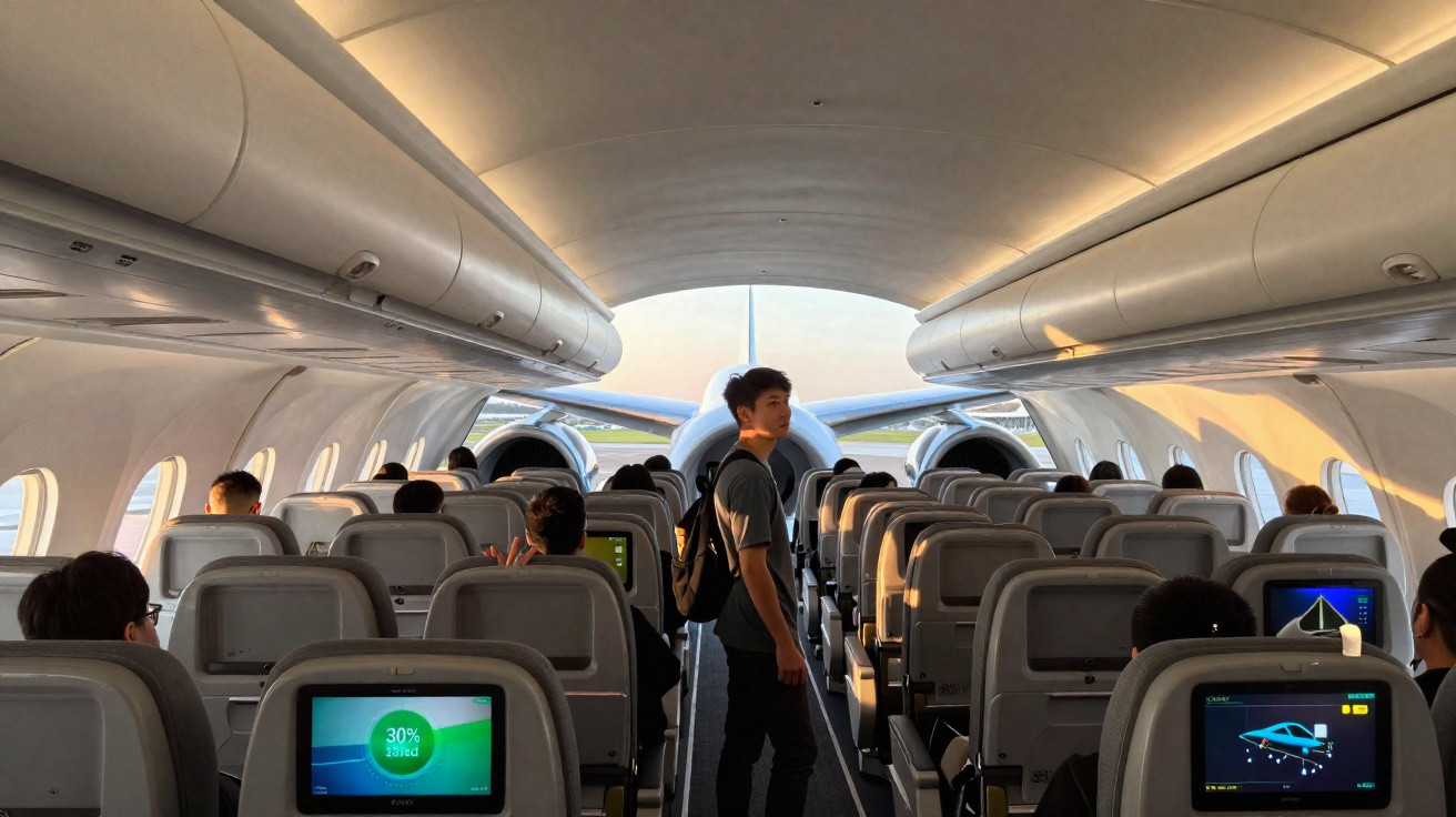 Interior de avião com passageiros sentados e um jovem de mochila em pé no corredor principal durante o pôr do sol.