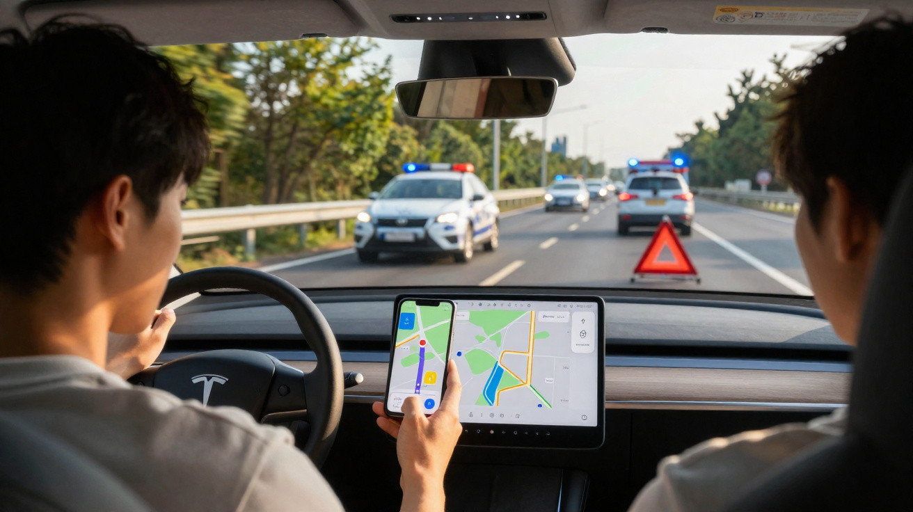 Dois homens dentro de um carro Tesla parado na estrada, com um triângulo de sinalização e viaturas policiais ao fundo.