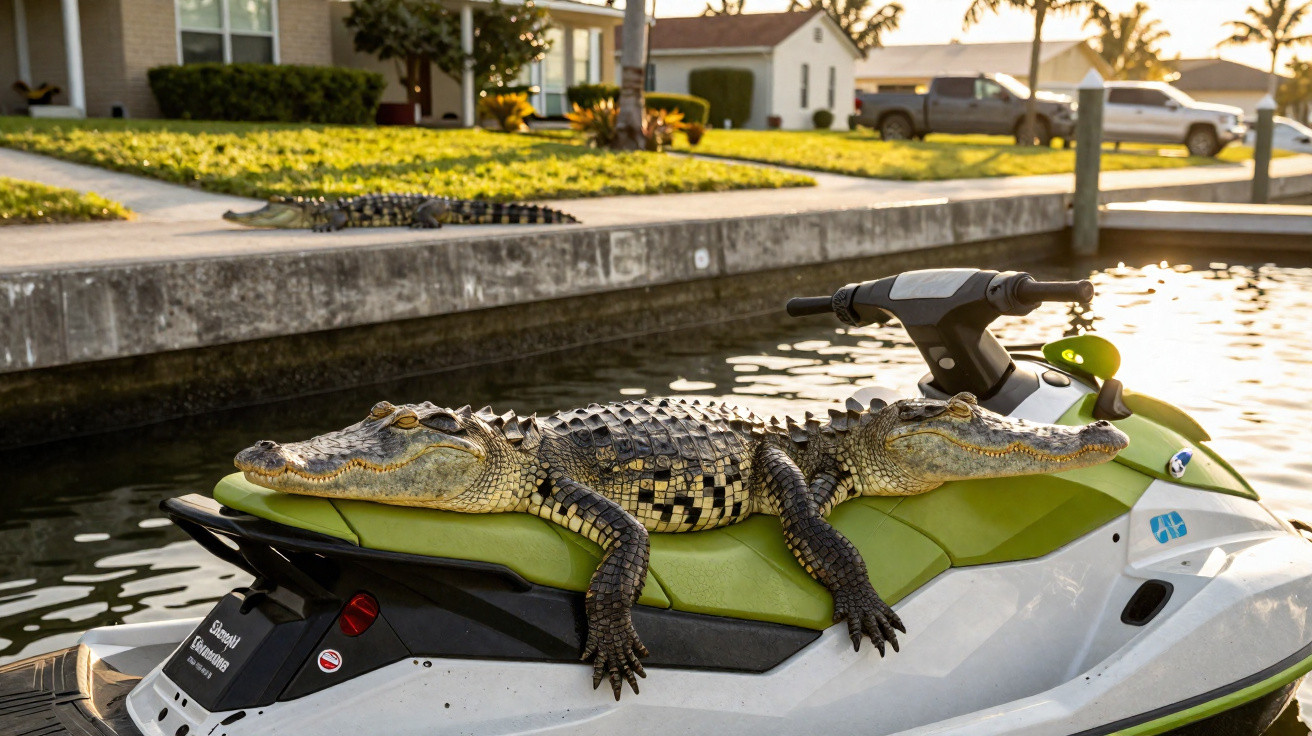 Jacaré descansando sobre jet ski verde em canal residencial ao entardecer.