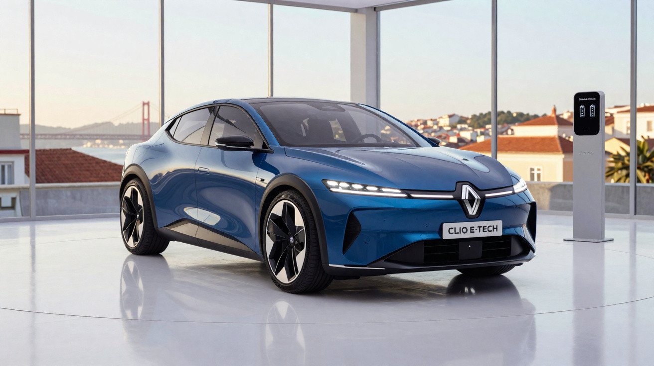 Carro elétrico azul Renault Clio E-Tech em ambiente iluminado com vista urbana ao fundo.