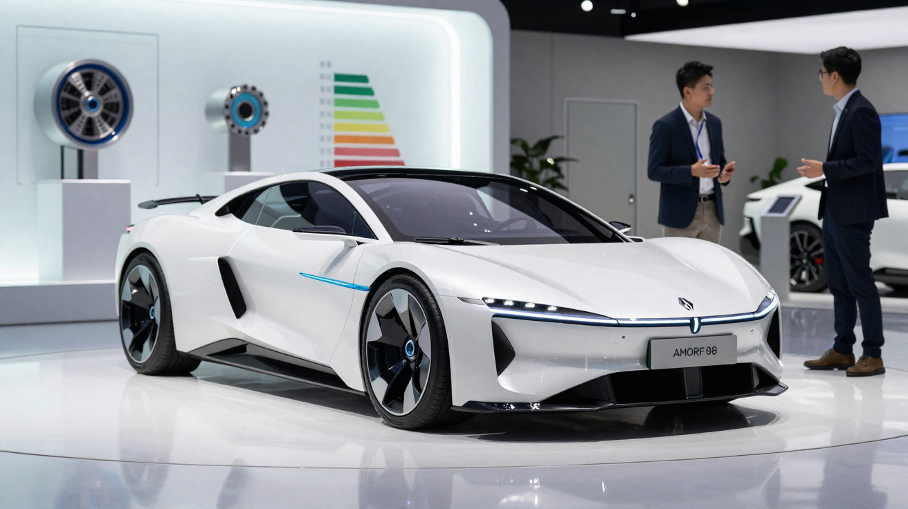 Carro esportivo elétrico branco exposto em feira, com duas pessoas conversando ao fundo.