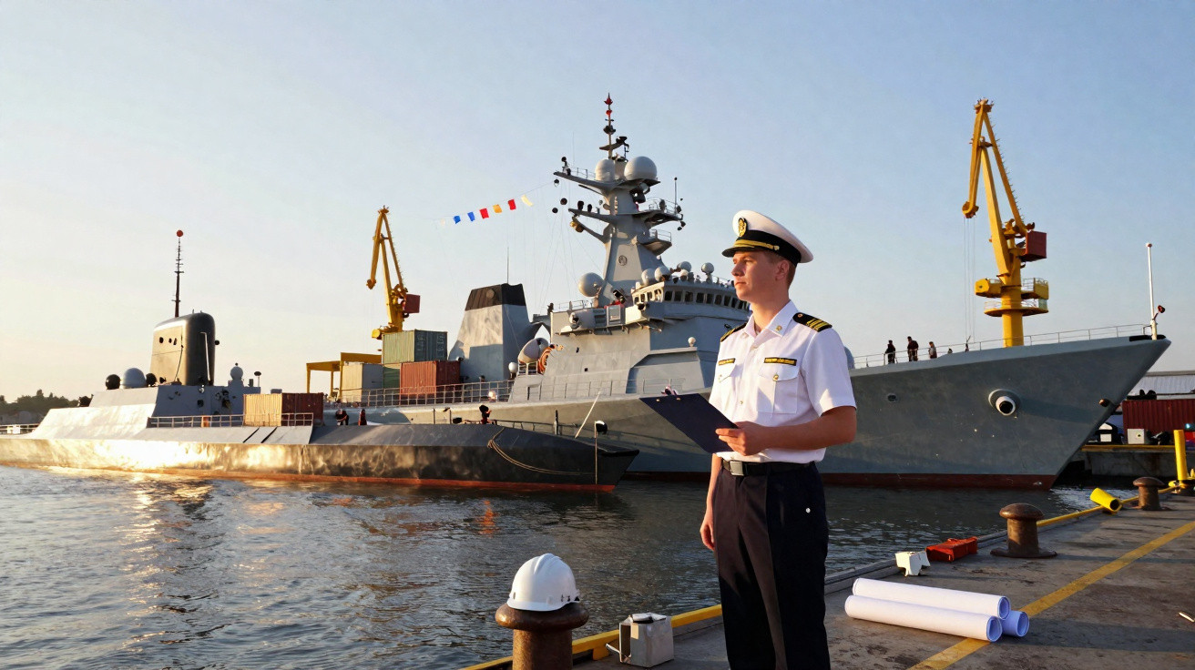 Oficial naval em uniforme branco ao lado de submarino e navio de guerra no cais durante o dia.
