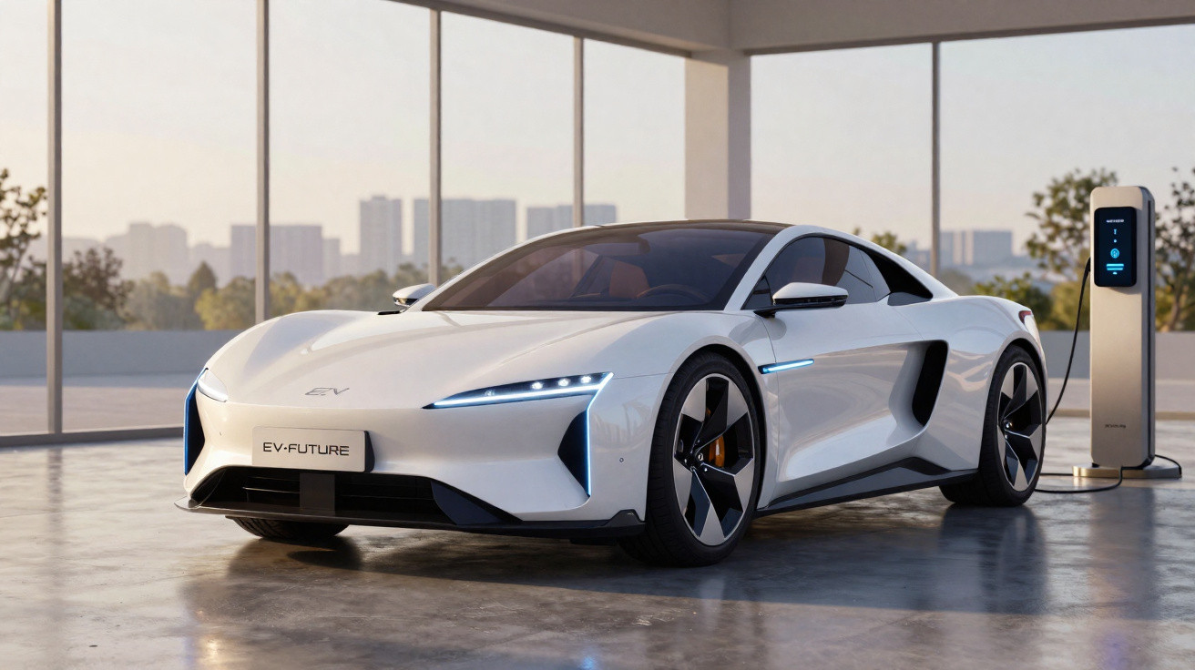 Carro esportivo elétrico branco conectado a carregador em garagem com janelas amplas e edifícios ao fundo.