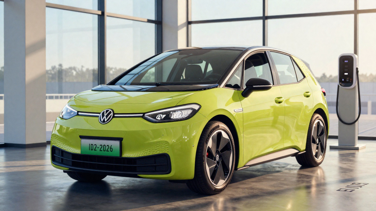 Carro elétrico Volkswagen ID.2 na cor verde estacionado em ambiente moderno com estação de recarga ao fundo.