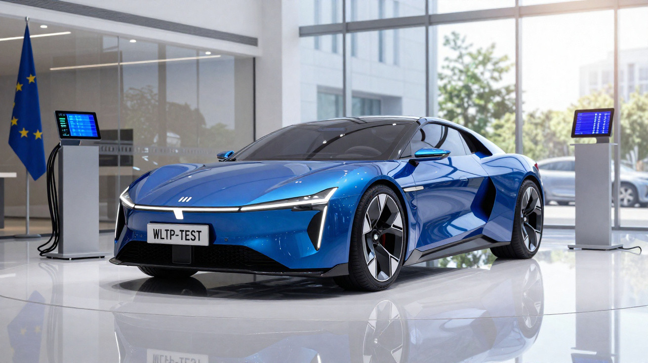 Carro esportivo elétrico azul em exposição com estações de carregamento em ambiente moderno e iluminado.