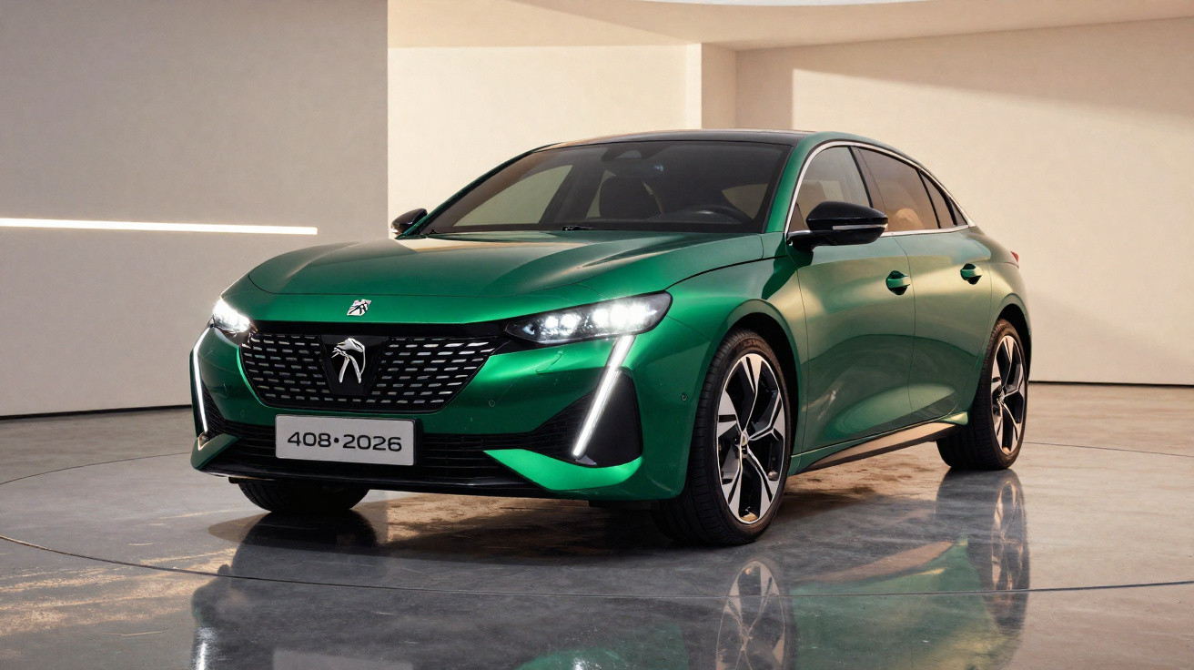 Carro sedan Peugeot 408 verde metálico exibido em ambiente interno com iluminação suave.