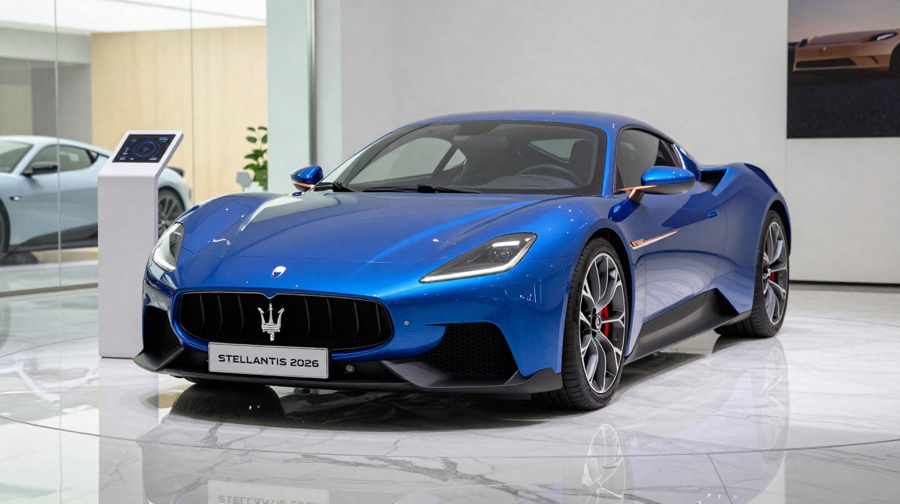 Carro esportivo Maserati azul exibido em salão automotivo com placa frente "Stellantis 2026"