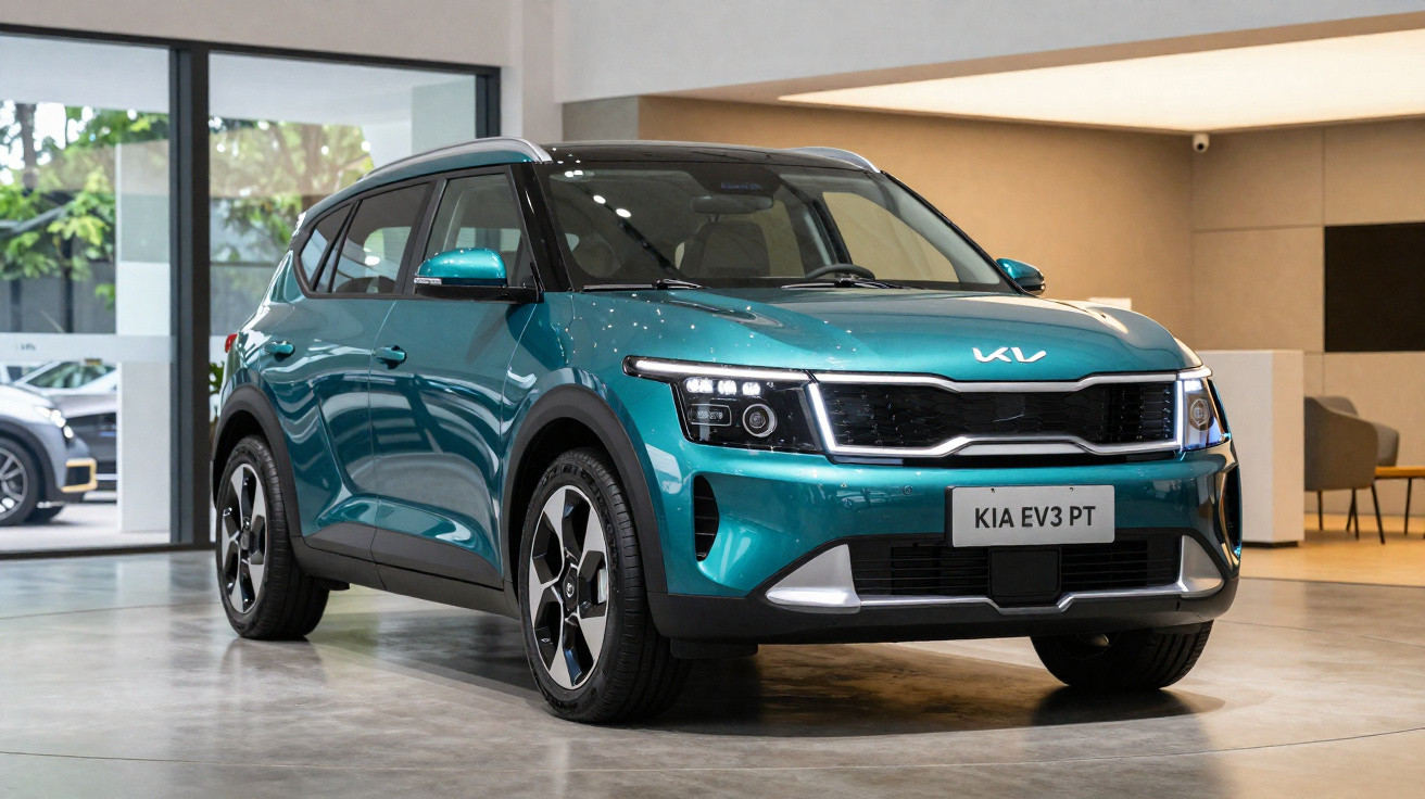 SUV elétrico Kia EV3 PT verde em exibição em ambiente interno moderno e iluminado.