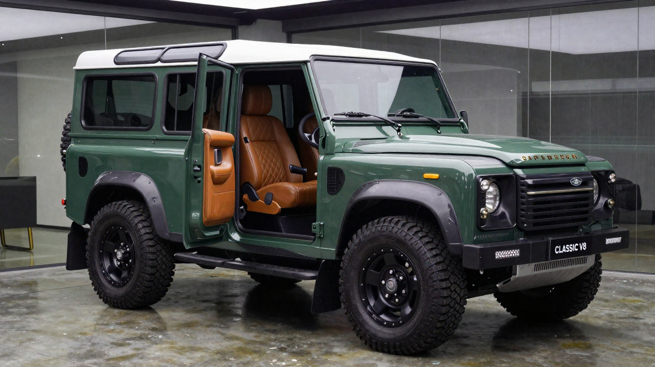 Carro verde estilo off-road com porta dianteira aberta mostrando interior em couro marrom.