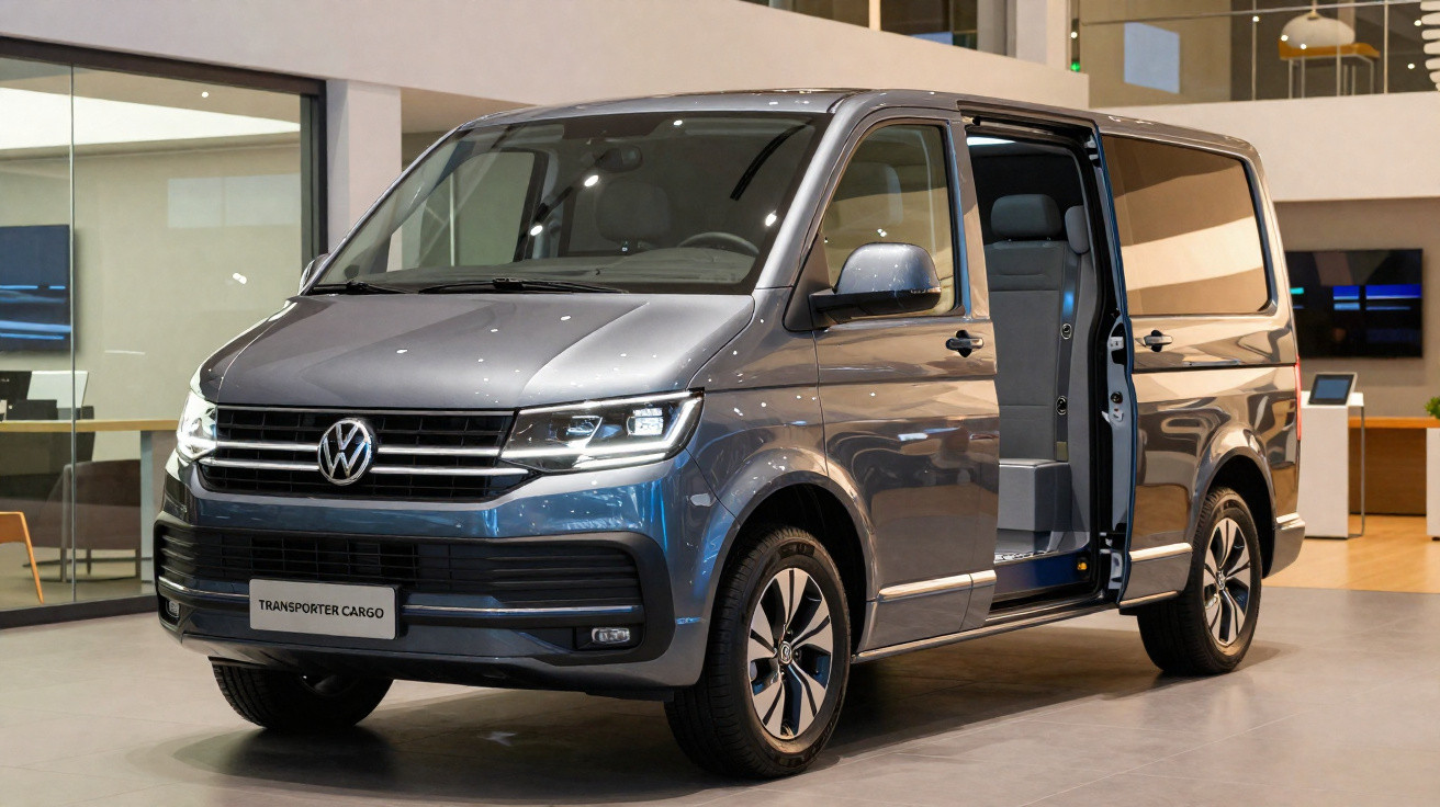 Van Volkswagen Transporter Cargo cinza estacionada em showroom com porta lateral aberta