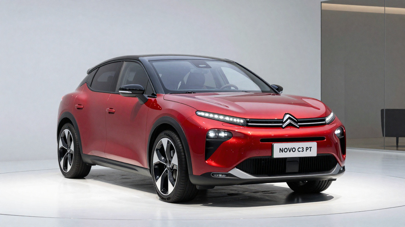 Carro Citroën Novo C3 PT vermelho com teto preto em ambiente interno neutro.