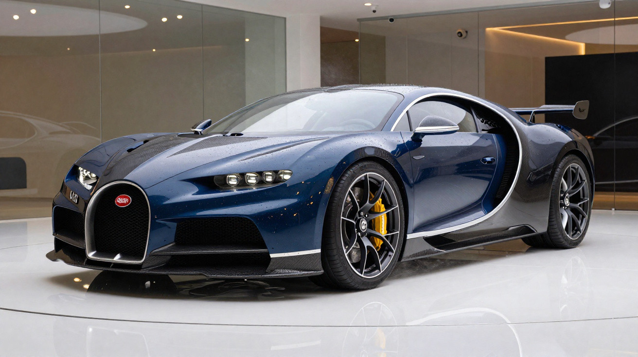 Carro esportivo Bugatti Chiron azul escuro com detalhes em preto exibido em showroom moderno.