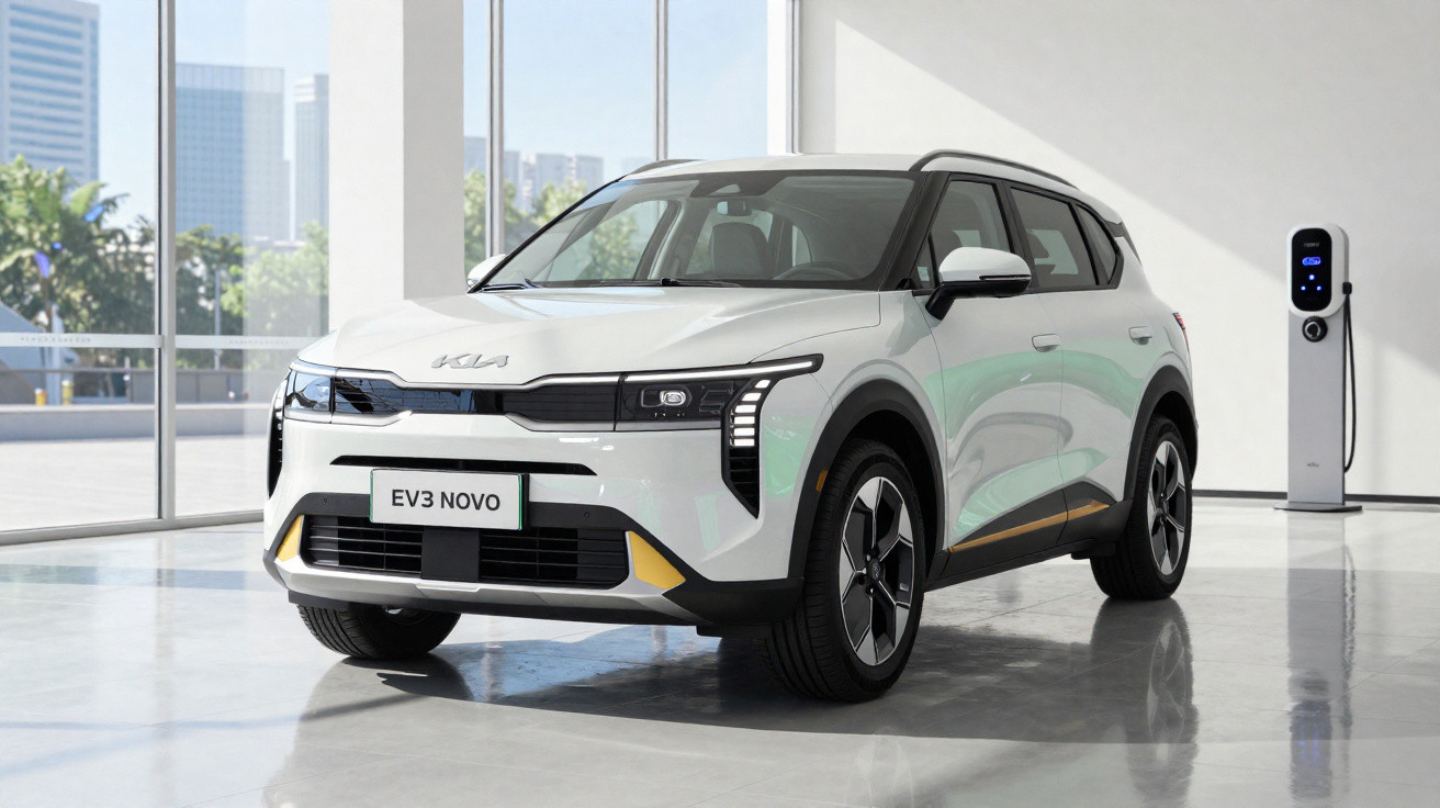 Carro elétrico branco Kia EV3 Novo estacionado em ambiente interno com carregador elétrico ao fundo.