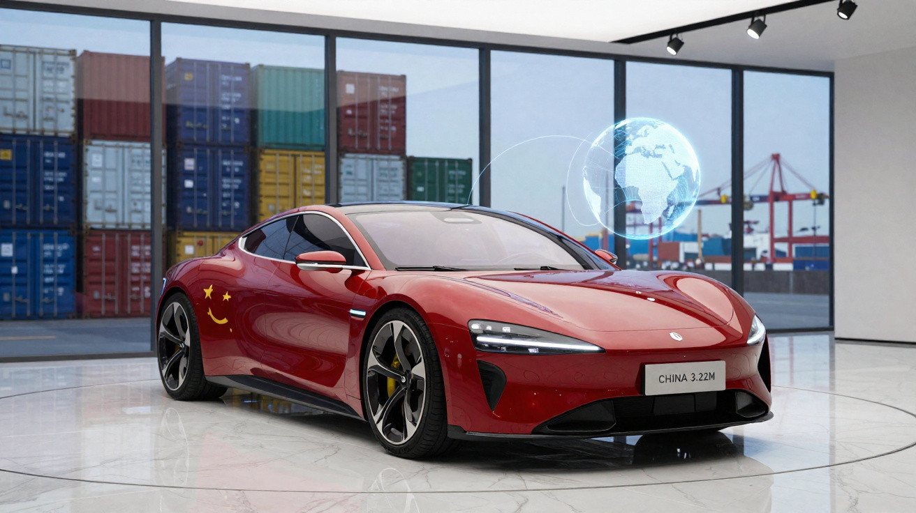 Carro esportivo vermelho estacionado em showroom com contêineres e holograma de globo terrestre ao fundo.